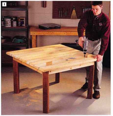 PHOTO Rip cut 2x6 stock down width 5V8 form the tabletop slats You could make these cuts with circular saw and straightedge guide but better choice use the table saw and rip fence Support workpieces with roller stand they leave the saw table 2x6 Table Top